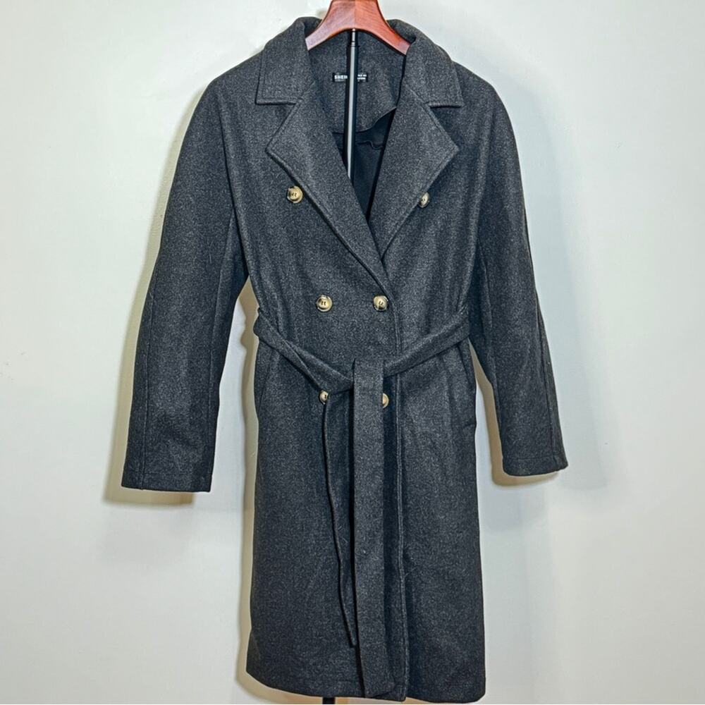 Lapel neck Double Breasted belted PeaCoat overcoat Women small academia lagen